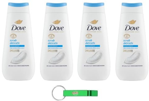 Dove Advanced Care Docciaschiuma Scrub Delicato Lot de 4 gels douche exfoliants pour peau douce avec effet crème 225 ml + porte-clés Beni Culinari
