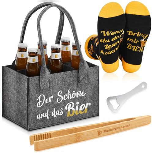 Satinior 4 Stück Bier Tasche Männer Geburtstag Geschenk 24 cm Extra Dickem Filz Flaschentasche 6 Fächern Lustig Bier Socken Flaschenöffner Grillzange für Freund(Der Schöne und Das Bier)