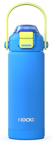 Kiocko Trinkflasche Kinder Edelstahl mit Pop-Open Strohhalm & Spout 2-in-1 Lid.Thermosflasche 550ml BPA Frei - Auslaufsicher - Thermo Wasserflasche für Schule, Kindergarten(Blau)