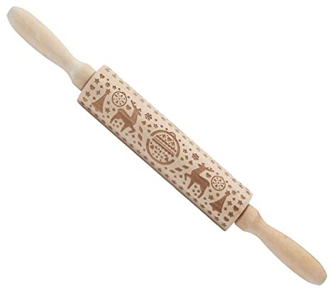 Aladeno Mattarello Natalizio Mattarello Natalizio in Legno Goffrato Mattarello Natalizio in Legno con Motivo Renna Decorazioni per la Cucina Strumenti per Cuocere Biscotti