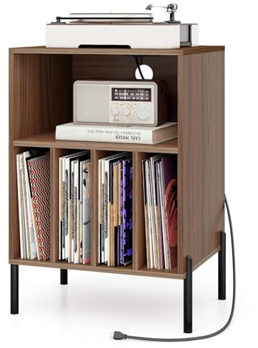 COSTWAY Meuble Tourne-Disque Vinyle avec Prise, Support Platine Vinyle pour 150 Albums, Station de Charge, 2 Ports USB, Ports Type-C, 4 Séparateurs, Bout de Canapé avec Compartiment (Noyer)
