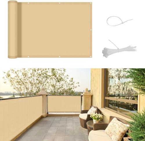 SUNNY GUARD Balcon Privacidad 75x500cm Pantalla para Balcón Jardín Protección de Privacidad,Protección UV,Impermeable,a Prueba de Viento,Adecuado para balcons Jardines terrazas,Arena