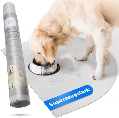 Miggo® Saugfähige Premium Napfunterlage Katze und Hund Halbrund 50x80 cm Grau Futtermatte, Futterunterlage Hundenapf, Fressnapf Katze, rutschfeste Unterlage, Für Futter, Wasser, Brunnen Kunstleder XL