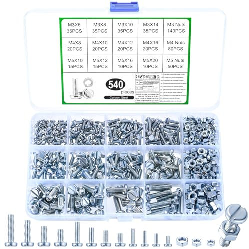 Lot de 540 boulons M3 M4 M5, assortiment de boulons et écrous assortis, vis à tête cylindrique fendue et boulons assortis, vis à métaux à tête cylindrique fendue avec écrous, kit de vis métriques