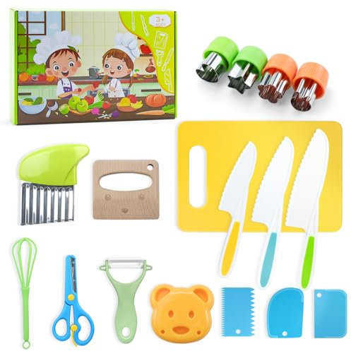 Aischens Couteaux de Cuisine pour Enfants-17 Pièces, Ustensiles de Cuisine Montessori Set de Couteaux pour Enfants, Kit Couteaux de Sécurité pour Couper Fruits ou Légumes, Couteau Enfant 3 Ans