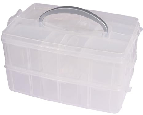Rayher Aufbewahrungsbox, Sortierbox mit Tragegriff, 2 Etagen, 23,1 x 15,6, Höhe 13 cm, Kunststoff, transparent, ideal für Kleinteile, Spielzeug, Werkzeug, Nähzubehör, DIY-Material, 47001000