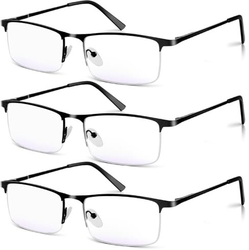 Xnourney 【3 Pack】 Anti-Blue Light Reading Glasses for Men - Half-Frame Metal Readers with UV400 Protection, Reduce Eye Strain & Headaches from Screen Use, Lightweight Classic Design (2.5x)