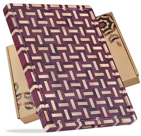 YOUSUNLONG Tabla de cortar extragrande – Madera de corazón púrpura – Diseño grueso y pesado – Bloque de carnicero de 61 cm de largo x 46 cm de ancho x 3,8 cm de alto – con ranura para el zumo y mango