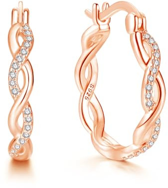 Loutade 925 Sterling Silver Twisted Hoop Earrings for Women, Hypoallergenic Rose Gold Huggie Hoops Earrings with Cubic Zircon, 20mm Lightweight Dainty Infinity Silver Earrings Trendy Jewelry Gifts