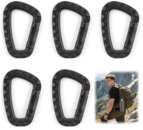 Plastic Carabiner Hook Set of 5 Large D-Shape Carabiner Clips for Outdoor | Carabiners for Hiking, Camping, Fishing, and Home Use, Black, Spring-Loaded Clasp, Secure Attachment