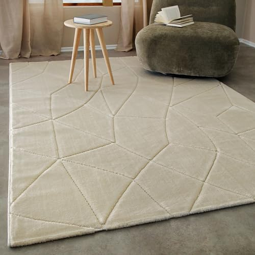 Wecon Home Unplugged Kurzflorteppich, 80 x 150 cm, Sand beige | moderner Teppich mit weicher Haptik & geometrischem Linienrelief, OEKO-TEX® zertifiziert