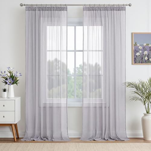 EMEMA Gardinen Vorhänge mit Kräuselband 2er H245xB140cm Hellgrau Vorhang | Transparente Gardine Vorhänge mit Kräuselband aus Einfarbig Transparent Voile Wohnzimmer Luftig Dekoschal für Schlafzimmer