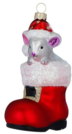 Christbaumschmuck Glas 11,4cm - Maus in Nikolausstiefel Figur zum Aufhängen - handbemalt - Weihnachtsbaum Anhänger für Weihnachten - Christbaumanhänger & Weihnachtsbaumschmuck - Tiere Rot Weiß