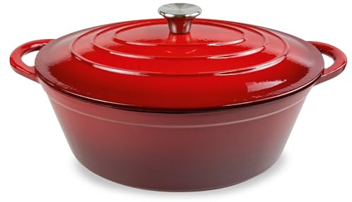 H&H Casseruola Ovale in Ghisa Smaltata 26x34 cm, 2 Manici, Rossa, per Tutti i Piani Cottura, Compatibile con Induzione