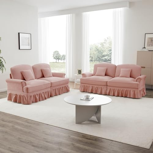 L-förmiges 2-Sitzer Sofa im Mittelalter Stil mit Abnehmbarer Rüschenschürze | Chenille Stoff mit Holzbeinen & Zusatzkissen | Bequemes Couch 190 cm Breit, Sofa Wohnzimmer, Rosa