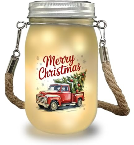 speecheese Merry Christmas Solarlicht mit Rotem Truck und Weihnachtsbaum Lustiges LED Einmachglas für stimmungsvolle Weihnachtsdeko