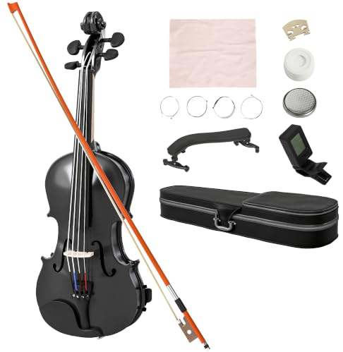 HOMCOM Violín 4/4 de Tamaño Completo de Madera para Principiantes Negro | Set de Violín, para Adultos y Niños, Estuche Ligero, Arco, Colofonia, Afinadores, Cuerdas, Soporte para Hombro