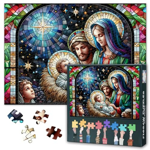 1000 Piece Jigsaw Puzzle for Adults The First Christmas Nativity of Baby Jesus in Stained Glass Art Religious Holiday Puzzle Set and Seasonal Decor 27.5x19.7 Inch