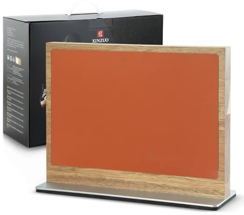 XINZUO Porta Coltelli Magnetico Bifacciale Legno di Acacia -Finitura in Pelle Bicolore -Senza Coltello -Piedini Antiscivolo Ceppo Portacoltelli Doppio Lato -Blocco Magnetico per Coltelli da Cucina