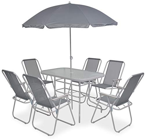 JHQHSM 8-TLG. Garten-Essgruppe Stahl und Textilene Grau mit 6 Stühlen, 1 Tisch und 1 Schirm – Wetterfeste Outdoor-Möbel für Terrasse und Balkon, Stapelbare Stühle,