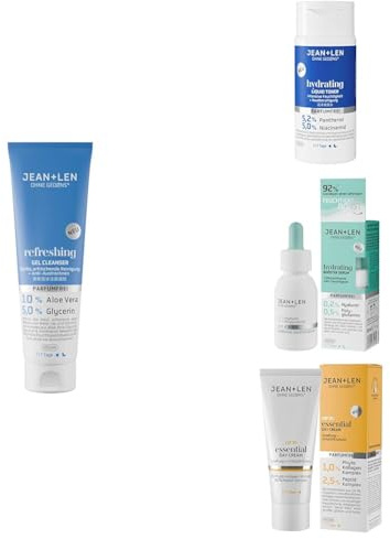 Jean & Len Gesichtspflege 4er Bundle: Refreshing Gel Cleanser 125 ml + Hydrating Liquid Toner 150 ml + Hydrating Booster Serum 30 ml + Essential Day Cream LSF 30 50 ml, parfümfrei, vegan
