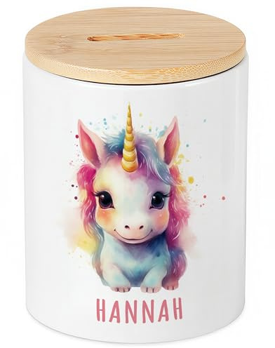Einhorn Spardose für Kinder personalisiert mit Namen Sparschwein aus Keramik mit Bambusdeckel Geschenk für Mädchen & Jungen
