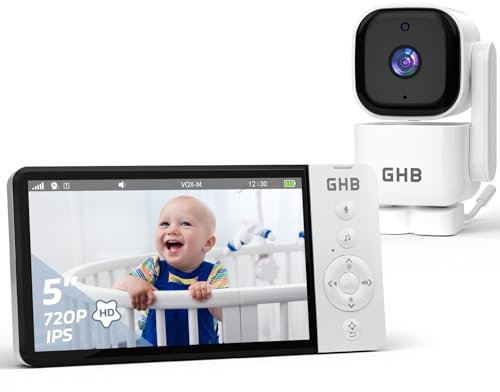 GHB Babyphone mit Kamera 5 Zoll IPS Display 720P 350°/90° schwenkbar | VOX-Modus, 5000mAh Akku, Infrarot-Nachtsicht, Temperaturanzeige, 4x Zoom, Gegensprechen, Wiegenlieder, 2,4 GHz FHSS