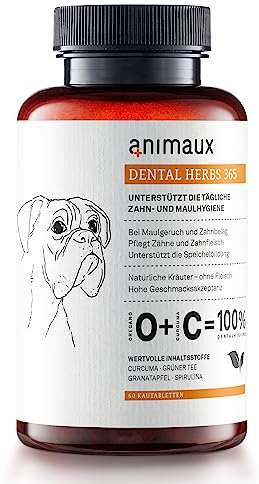 animaux Dental Herbs 365 Dogs - Zahnpflege Hund - 60 Kautabletten - Zur Vorbeugung von Zahnstein & Maulgeruch - Ergänzungsfuttermittel mit Curcuma, Grüner Tee & Spirulina
