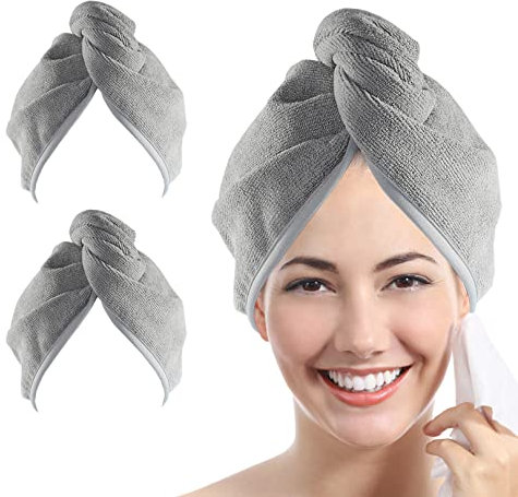 YoulerTex Mikrofaser-Handtuch für Frauen, 2 Stück, 25,4 x 66 cm, super saugfähig, schnell trocknender Haarturban zum Trocknen von lockigem, langem und dickem Haar (grau)