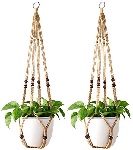 Mkouo 2er Set Makramee Blumenampel Pflanzenhänger Indoor hängenden Pflanzkorb Blumentopfhalter Jute-Seil with Beads No Tassels, 89cm