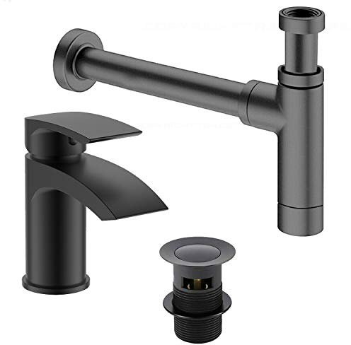 home store Modern Black Bathroom Basin/Sink Mixer Tap Incl Waste & Bottle Trap