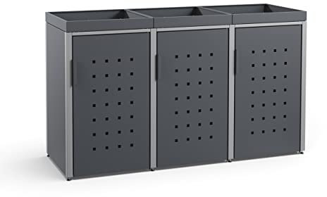 MEISTERBOX – 3er Mülltonnenbox Mülltonnenverkleidung mit Pflanzdach - 240L - Korpus & Dach Anthrazit/Pfosten Signalgrau