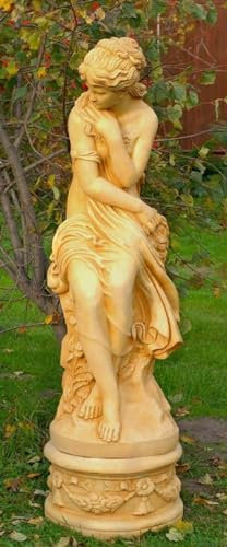 Casa Padrino Jugendstil Deko Skulptur Mädchen Antik Stil Creme H. 160 cm - Prunkvolle Garten Statue mit Sockel - Gartenskulptur - Steinfigur - Garten & Terrassen Deko Accessoires