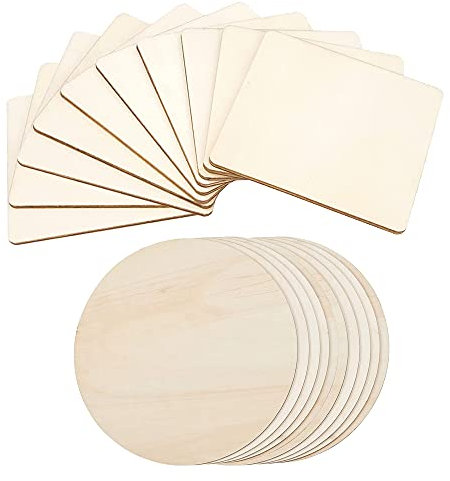 YUMUN 20 Stück Natürliche Holzscheiben, Runde Holzscheiben, Quadrate Holzscheiben, Runde Holzscheiben Unbehandelt, für Holzhandwerk, Brandmalerei, Malerei, DIY Untersetze