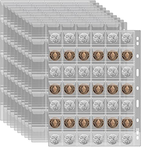 12 Blatt Münzsammlungs-Zubehörseiten, Münzsammel-Buch-Album-Schutzhüllen mit Standard-9-Loch für Münzbinder, Währungshalter, Aufbewahrung für Pennies, Viertelmünzen, Briefmarken (42 Fächer)