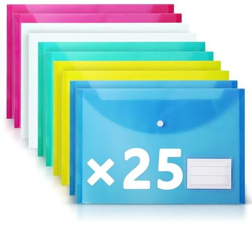 DocFeedz Plastic Wallets A4-25 Pack Waterproof Plastic Folders for Documents 33.2 x 23.4 cm - 5 Assorted Colours Popper Wallet A4 with Snap Button and Label for Home, Office, School and Travel
