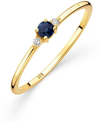 OROVI Damen Goldschmuck, Gold Ring mit Saphir und 2 Diamanten 0.03 ct, Trilogie Ring, Verlobungsring, Edelstein, Gelbgold 9 Karat (375)