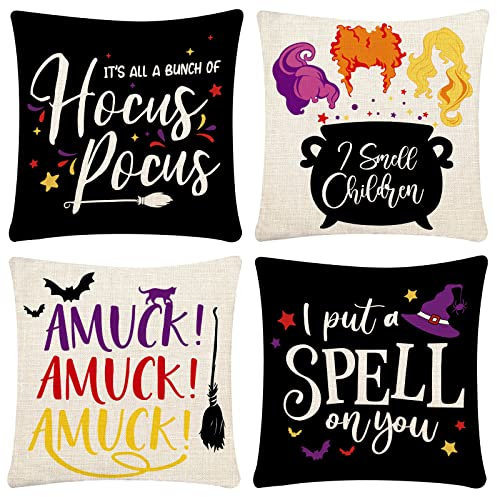 Rtisaeu Halloween Kissenbezüge 45,7 x 45,7 cm Set mit 4 Halloween Hocus Pocus Kissenbezüge Leinen Sofa Bett Überwurf Kissenbezug Dekoration