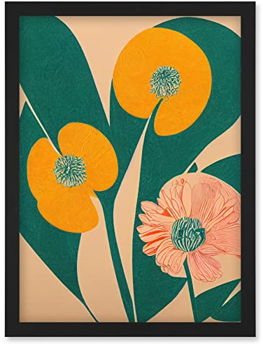Wee Blue Coo California Poppy Flower Blooms Turquoise Leaves Bright Artwork Framed Wall Art Print A4