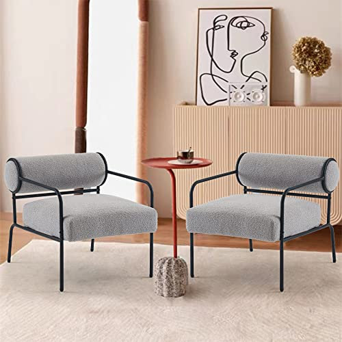 Mingone Sessel 2er Set Cocktailsessel Modern Loungesessel Ohrensessel Lammwolle mit Schwarz Metallbeinen für Wohnzimmer Schlafzimmer bis 120kg Grau
