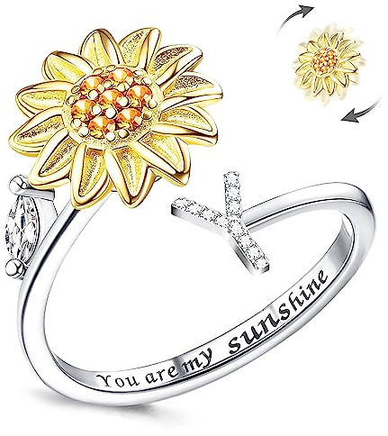 Kucheed Fidget Ring Für Frauen, Sonnenblume, Größenverstellbarer Spinner-Ring, Silber Stapelbar Anti-Stress-Buchstabe Fingerkreis, Graviert 'You Are My Sunshine' Im Inneren Des Schmucks(Y)