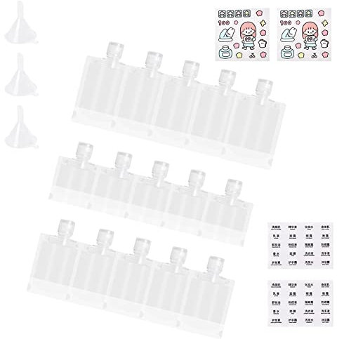 15 Stück Lotion Verpackungsbeutel Nachfüllbarer, Nachfüllbare Leere Quetschbeutel mit Funnel und Label, Reise Auslaufsichere Kosmetikbehälter (30ml, 50ml, 100ml)