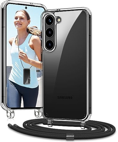 Vaykwo Coque avec Cordon pour Samsung Galaxy S23 6,1'', Coque avec Collier Réglable pour Samsung Galaxy S23 6,1'', Protection Complète Transparente avec Tour de Cou, Noir