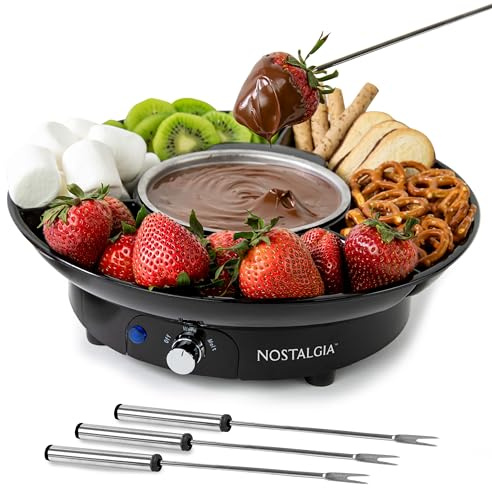 Nostalgia Electric Fondue Party Set – 10 oz Melting Pot, 4 Roasting Forks, & Detachable Serving Tray – Melted Cheese, Chocolate, or Dessert – Perfect for Gifts, Parties, Date Night – Black