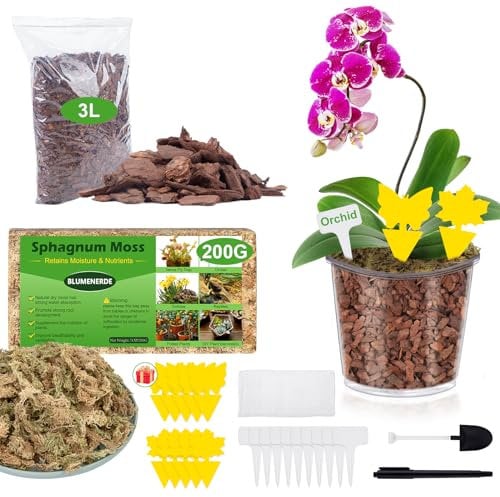 Terreau Orchidée, Substrat, 3L Ecorce pour Orchidées et 200g Sphagnum Moss Sphaigne pour Plante, avec 5 Cadeaux de Jardinage