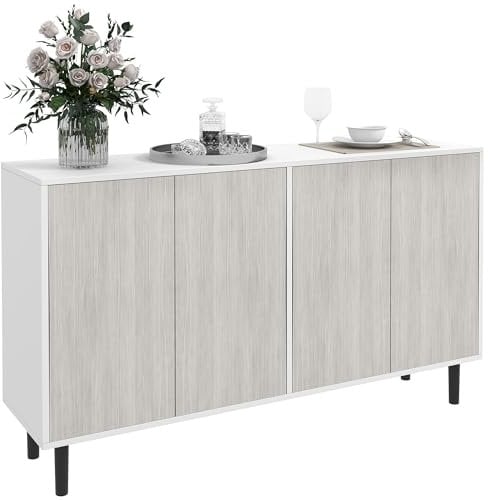 HOMCOM Modern Sideboard with 2 Cupboards, Kitchen Storage Cabinet for Living Room with Adjustable Shelves, 4 Doors and Solid Wood Legs, White