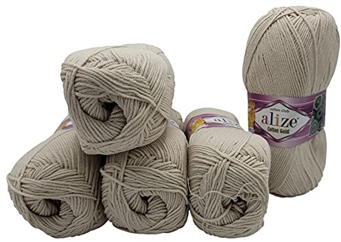 500g Strickwolle Ilkadim Export Cotton gold einfarbig, 5 x 100g Strickgarn mit 55% Baumwolle, uni (beige 599)