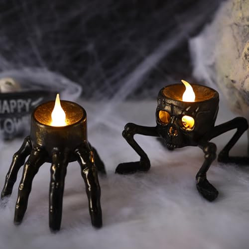 2 Stück Halloween LED Kerze, Horror Flameless Kerzen für Halloween Deko, Batteriebetriebene, Flackernde Halloween Innen Leuchten für Zuhause, Tisch, Gruseliges Motto, Party (Geisterhand+Spinne)