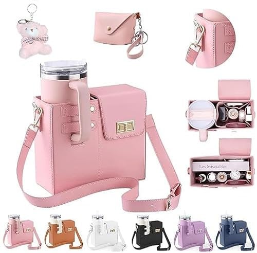 Usper Outdoor Portable Crossbody Water Cup Storage Bag, Water Bottle Holder Crossbody Bag for Stanley Cup, Water Bottle Carrier Bag with Adjustable Shoulder Strap Organizer Pocket for Women (Pink)