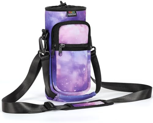 Nuovoware Water Bottle Carrier Bag, 750ml Pouch Holder, Adjustable Shoulder Hand Strap 2 Pocket Sling Neoprene Sleeve Sports Water Bottle Accessories for Hiking Travelling, Purple Starry Sky